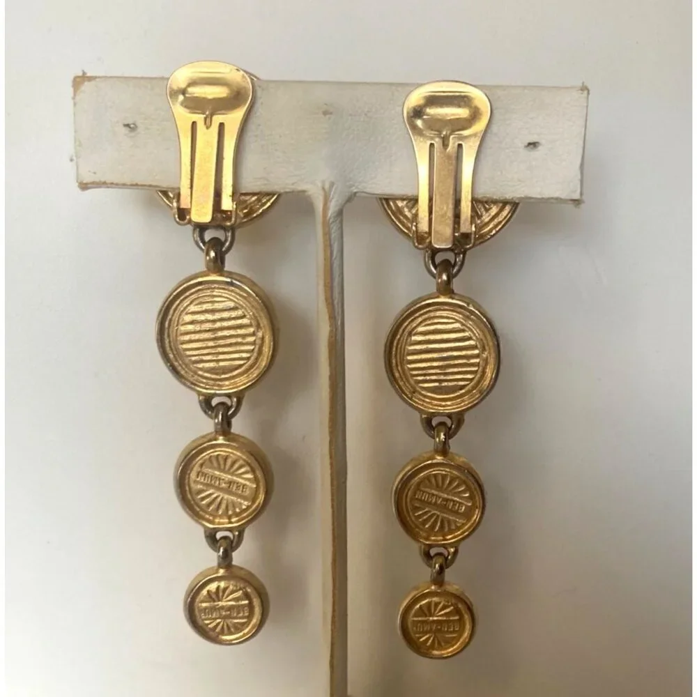 Vintage Ben Amun Clip On Dangle Earrings Amber Gold Tone Gems Regency Statement - Picture 3 of 9